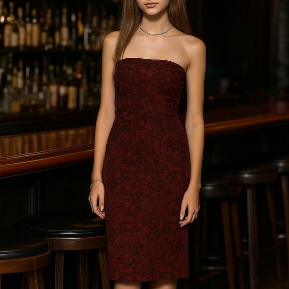 Joyce Leslie Strapless Burgundy Floral Lace Bodycon Dress Vintage Y2K Cocktail S - Picture 1 of 10